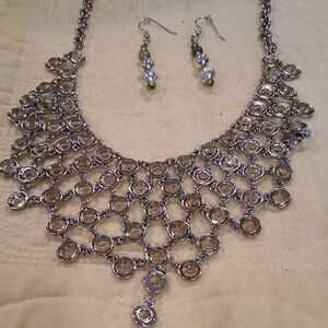 Ann Taylor Silver and Green Statement Necklace Set
